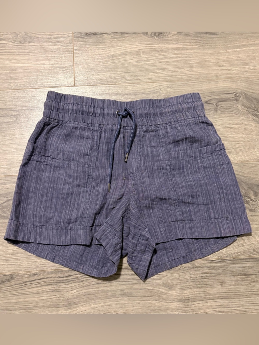Athleta Cabo Linen Textured 4” Blue Drawstring Shorts